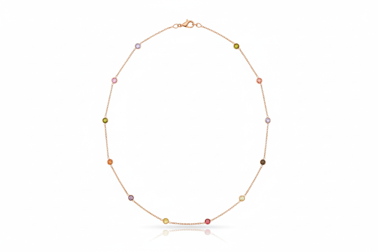 Necklace with multicolored beads on a white background