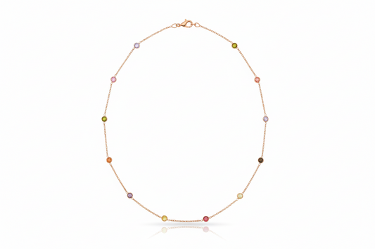 Necklace with multicolored beads on a white background