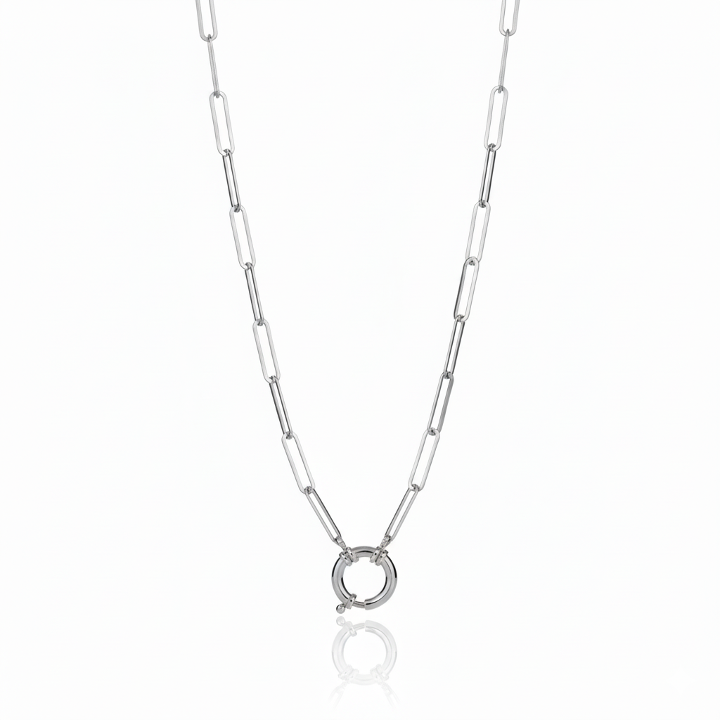 Silver chain necklace on a white background