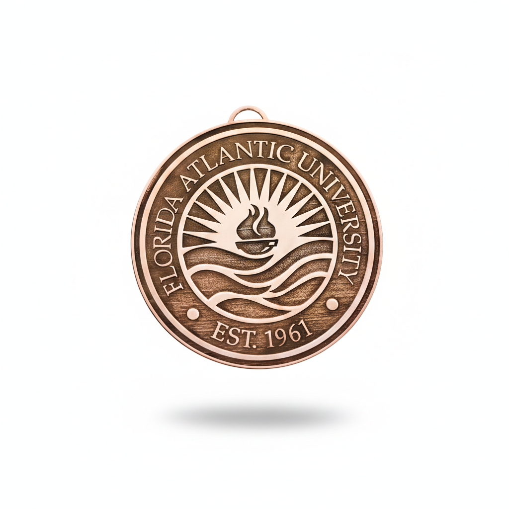 Wooden ornament with Florida Atlantic University logo on a white background