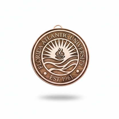 Wooden ornament with Florida Atlantic University logo on a white background