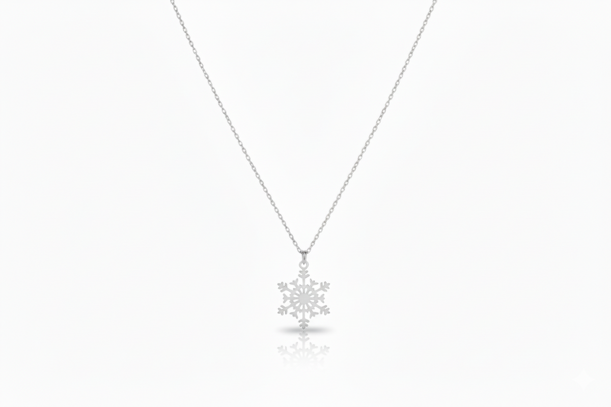 Silver snowflake pendant necklace on a white background