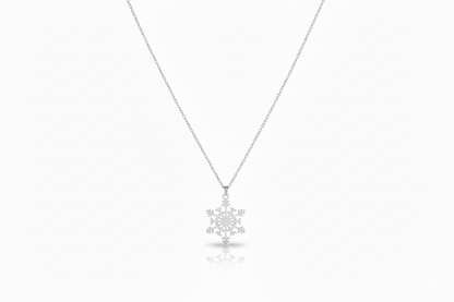 Silver snowflake pendant necklace on a white background