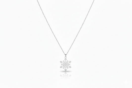Silver snowflake pendant necklace on a white background