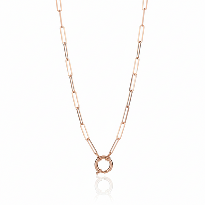 Rose gold chain necklace on a white background