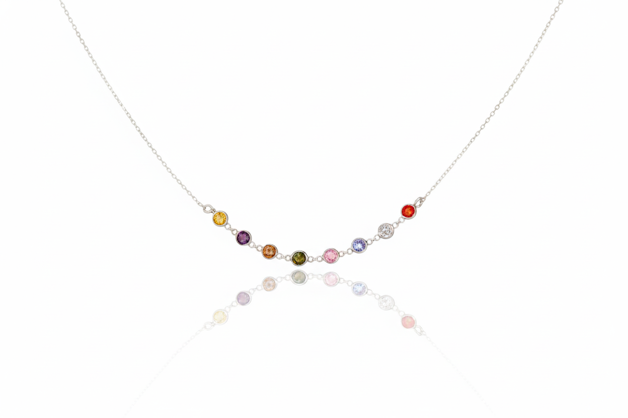 Necklace with multicolored beads on a white background