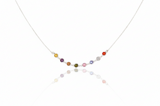 Necklace with multicolored beads on a white background