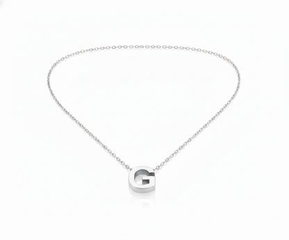 Silver necklace with a 'G' pendant on a white background