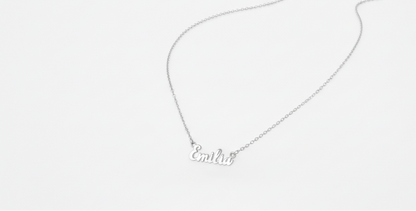Silver necklace with 'Evelyn' pendant on a white background