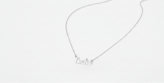 Silver necklace with 'Evelyn' pendant on a white background