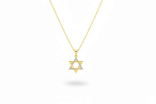 Gold necklace with a Star of David pendant on a white background
