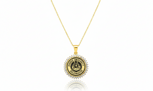 Gold Purdue School Seal necklace with a round pendant on a white background