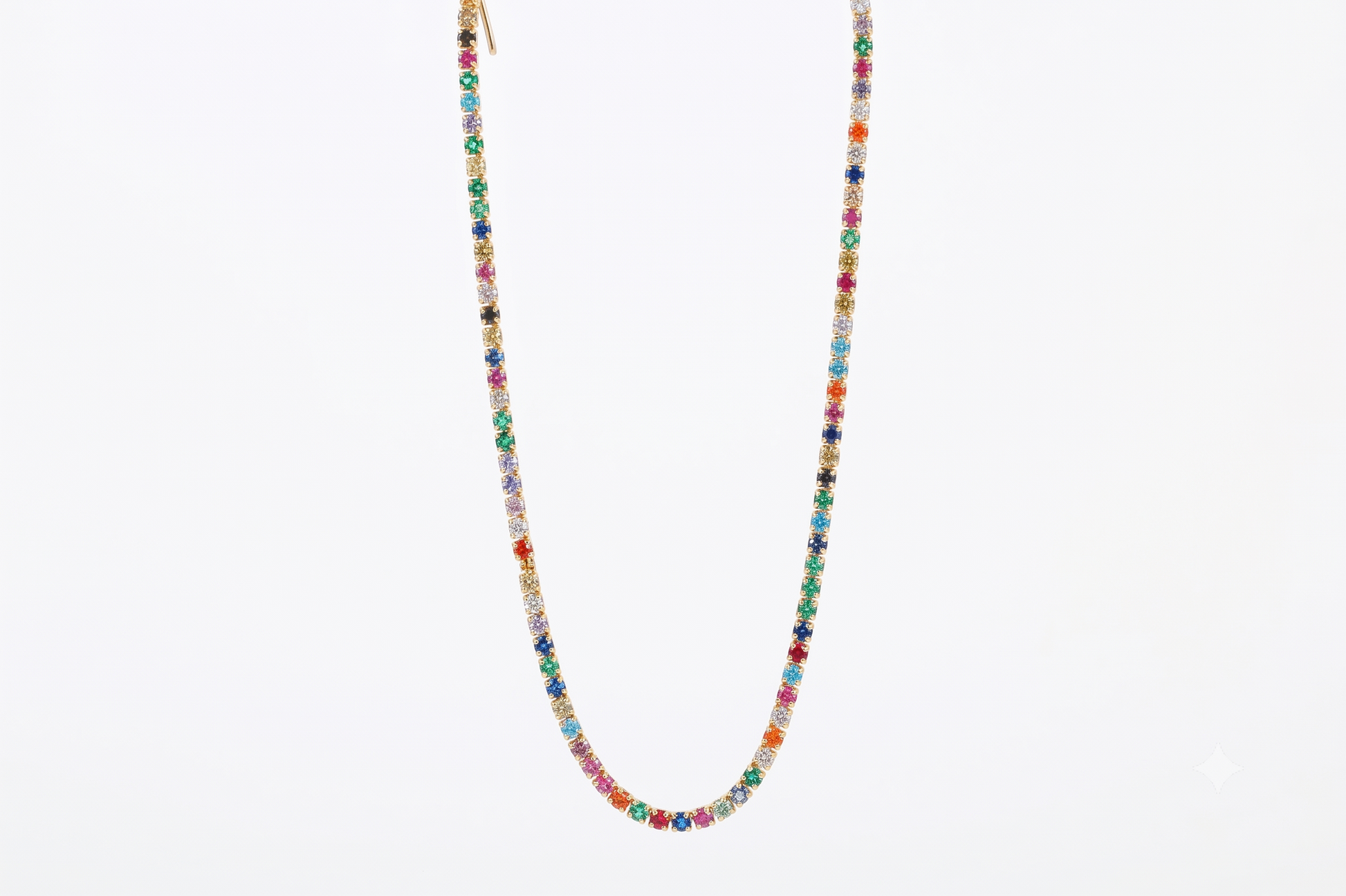 A delicate beaded necklace with small, multicolored faceted beads strung on a fine gold-tone chain, shown against a plain white background.