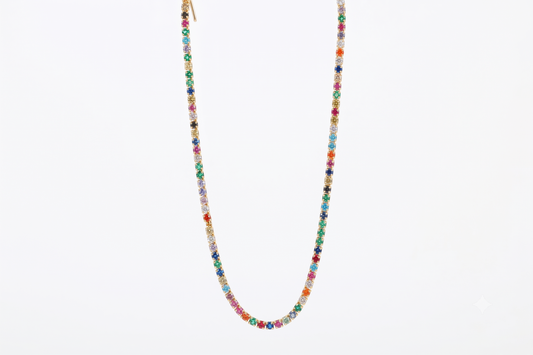A delicate beaded necklace with small, multicolored faceted beads strung on a fine gold-tone chain, shown against a plain white background.