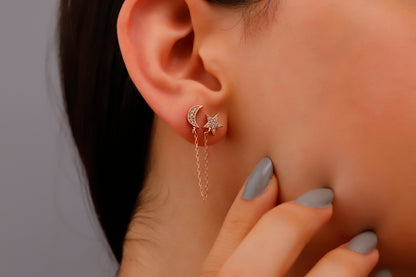 Gold Pave Star and Moon Earrings, Double Moon and Star Pave Stud Earrings, Gold Diamond Dangle Earrings, Waterproof Celestial Earrings - silvergoldandrose