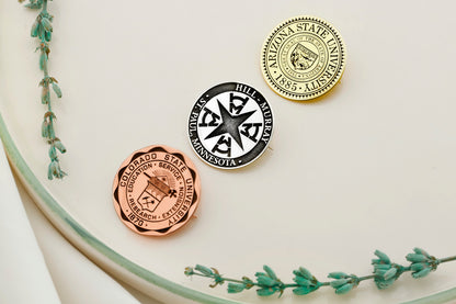 A collection of silver brooches with personalized college emblems, displayed on a white surface with a green floral decoration.