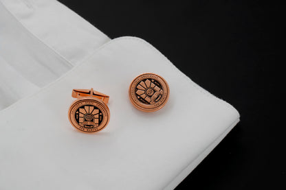 A set of personalized sterling silver cufflinks with university logo, available in different colors such as gold, silver, and rose gold.