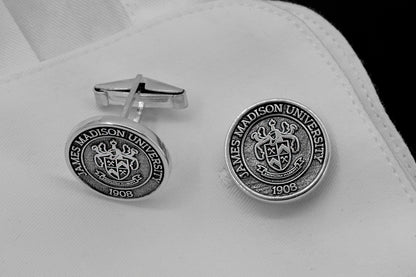 A set of personalized sterling silver cufflinks with James Madison University, available in different colors such as gold, silver, and rose gold.