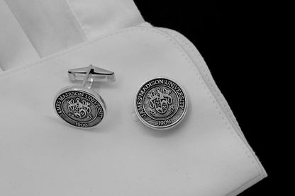 A set of personalized sterling silver cufflinks with James Madison University, available in different colors such as gold, silver, and rose gold.