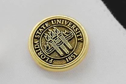 A set of personalized sterling silver cufflinks with FLORIDA STATE UNIVERSITY seal, available in different colors such as gold, silver, and rose gold.
