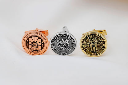 A set of personalized sterling silver cufflinks with James Madison University, available in different colors such as gold, silver, and rose gold.