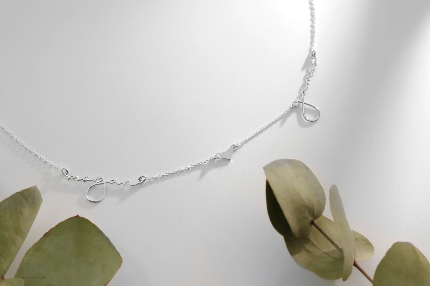 Silver necklace with a delicate chain on a white background with green leaves.
