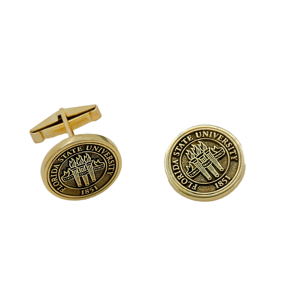 Gold Florida State University cufflinks on a white background
