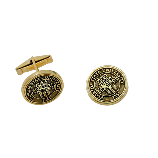 Gold Florida State University cufflinks on a white background