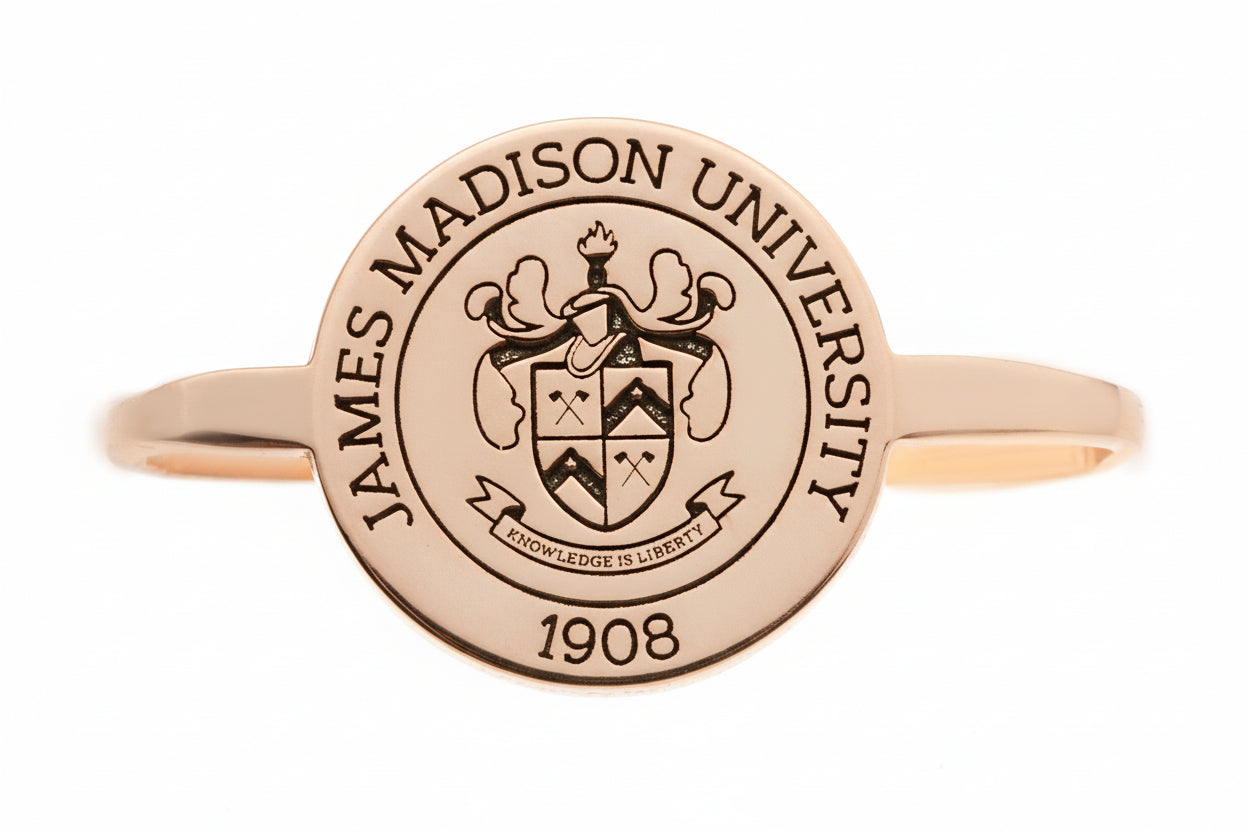Rose gold ring with James Madison University emblem and '1908' on a white background