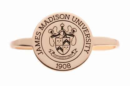 Rose gold ring with James Madison University emblem and '1908' on a white background