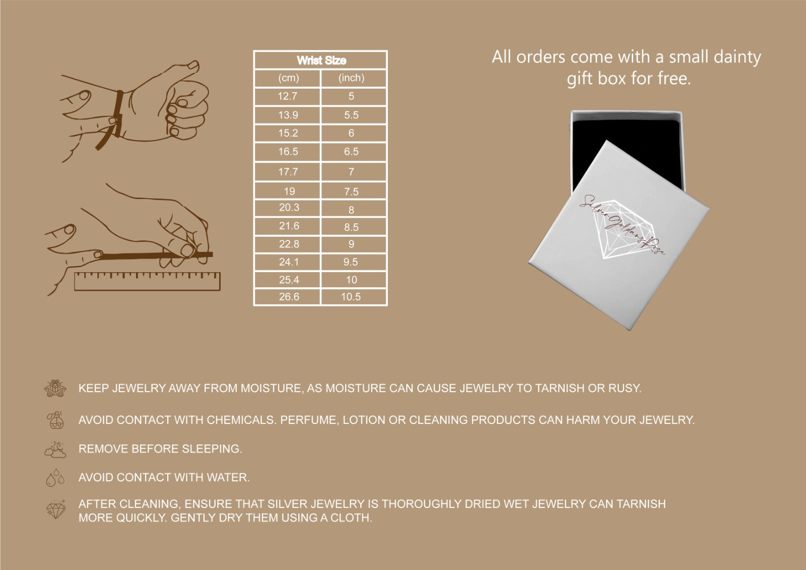 Jewelry care instructions with a small dainty gift box on a brown background
