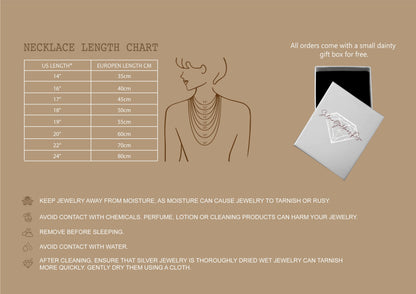 Necklace length chart with jewelry illustration and gift box on a brown background
