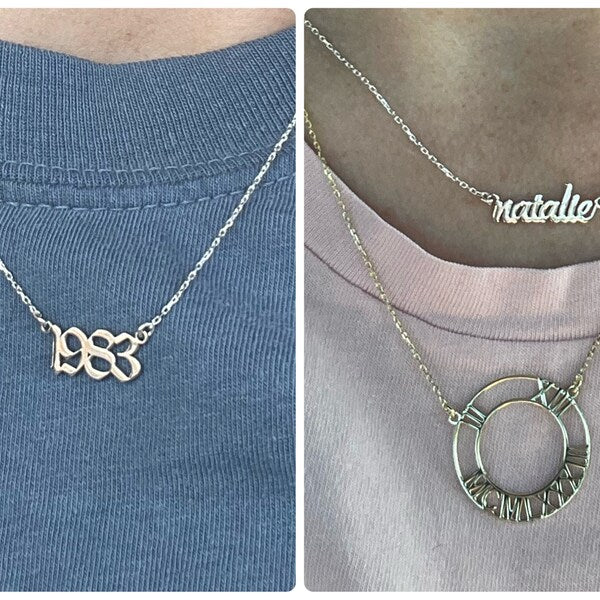 Two silver necklaces on different backgrounds, one with '1988' and the other with 'natalie'.