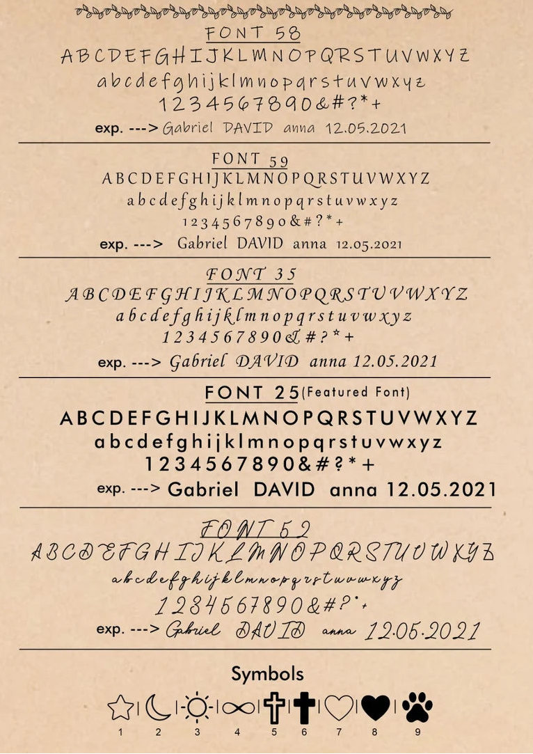 Font Guide with various fonts and examples on a beige background