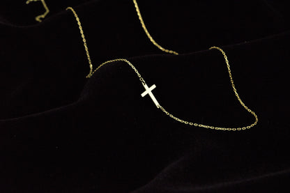 14K Gold Inspirational Sideways Cross Necklace - A Unique Symbol of Faith