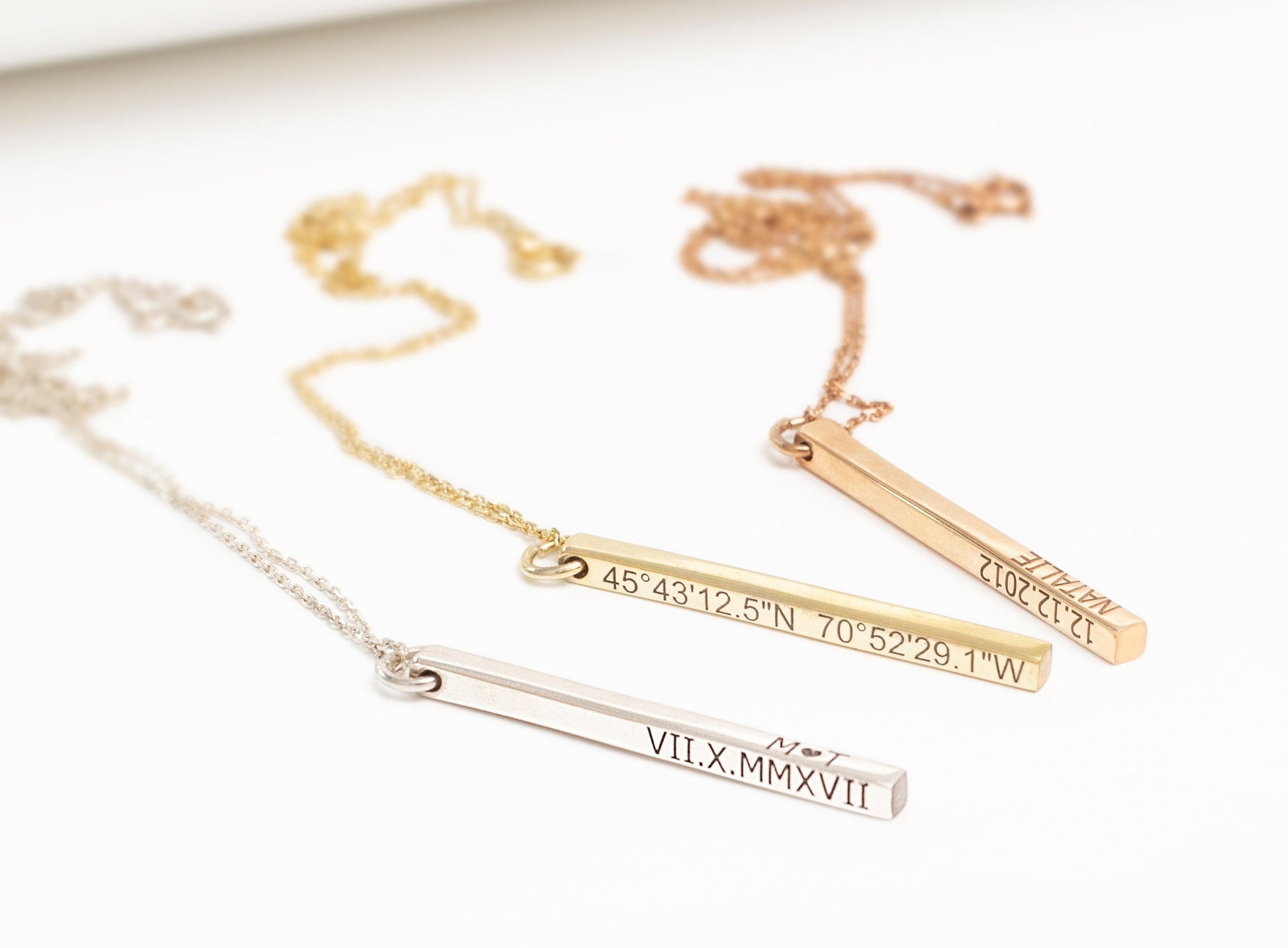 Personalized Cute Long Bar Necklace Gold, Coordinates 4 Sided Bar Jewelry in Sterling Silver and Rosed Gold by NecklaceDreamWorld - silvergoldandrose