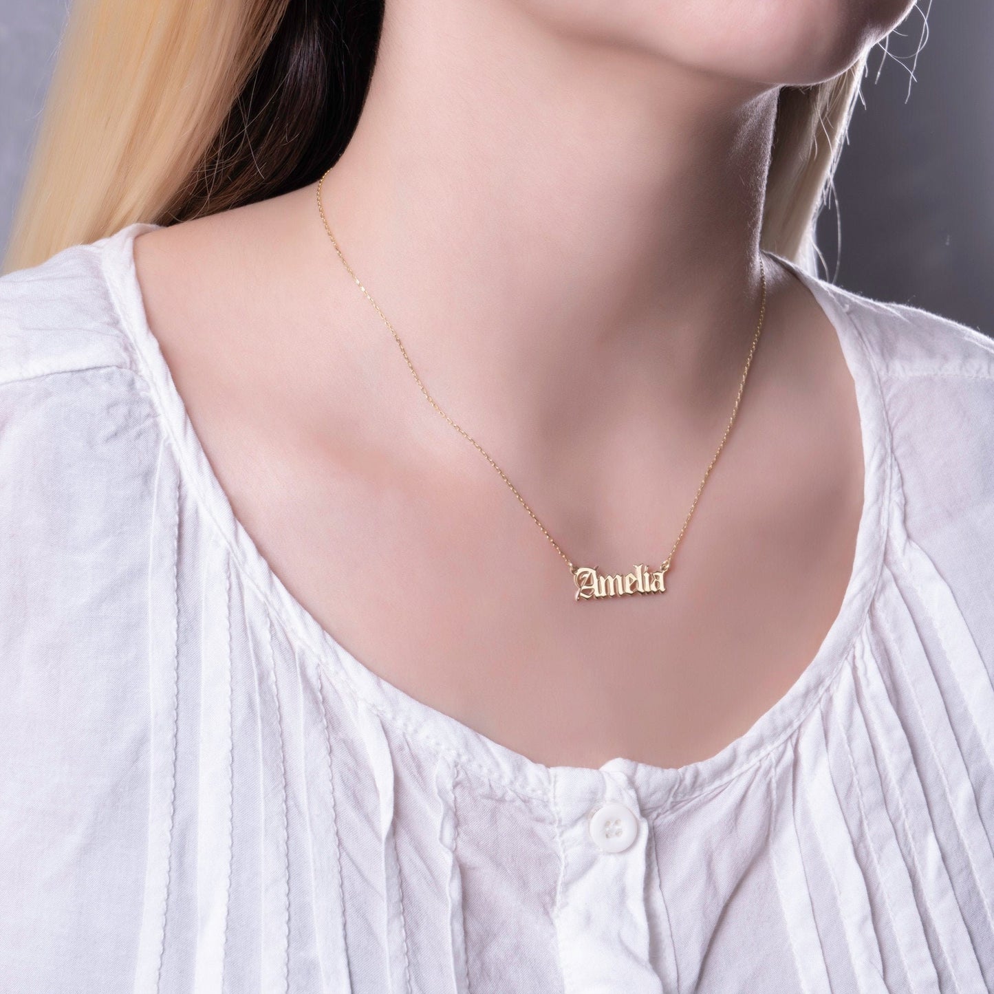 Old English Style Gold Dainty Name Necklace • Custom Old School Necklace with Birthstone • Birthday, Anniversary, Christmas Gifts