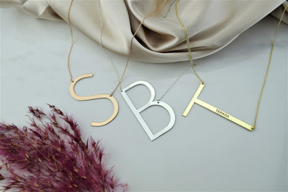 Custom Big Initial Necklace, Sideways Huge Letter Necklace, Perfect Gifts Jewelry - silvergoldandrose