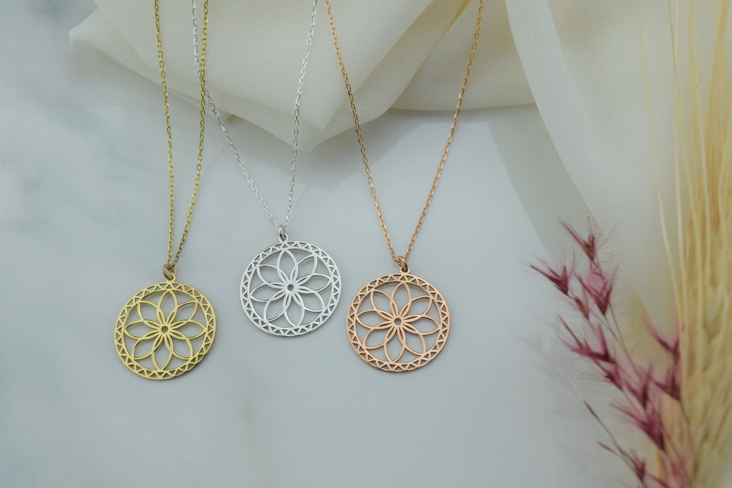Mandala Necklace Gold • Sacred Geometry Flower Seed of Life Jewelry • Spiritual Yoga Necklace Sterling Silver, Rose, Gold - silvergoldandrose