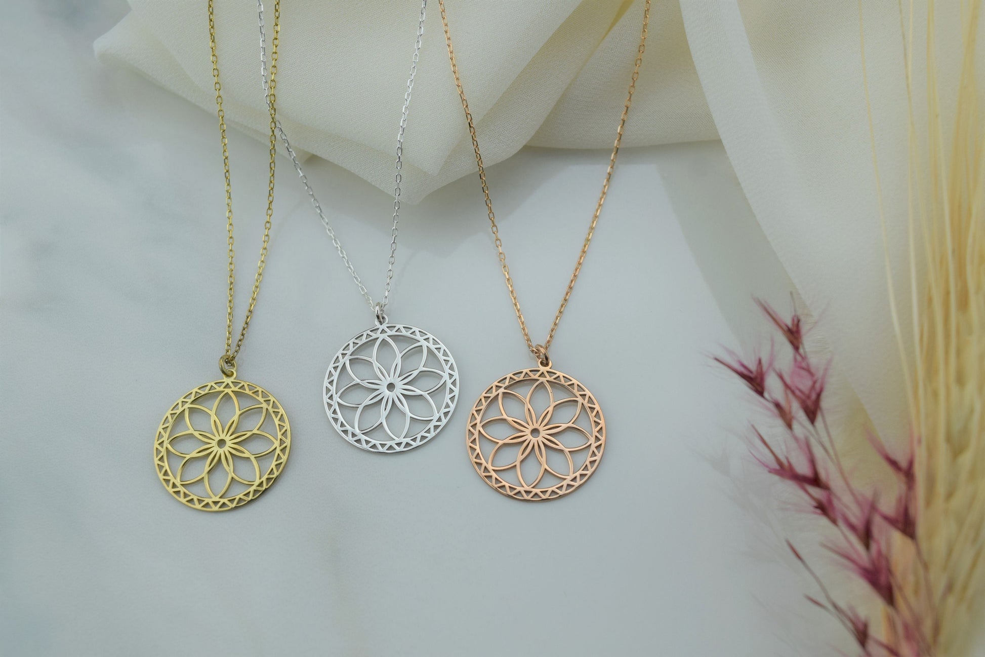 Mandala Necklace Gold • Sacred Geometry Flower Seed of Life Jewelry • Spiritual Yoga Necklace Sterling Silver, Rose, Gold - silvergoldandrose