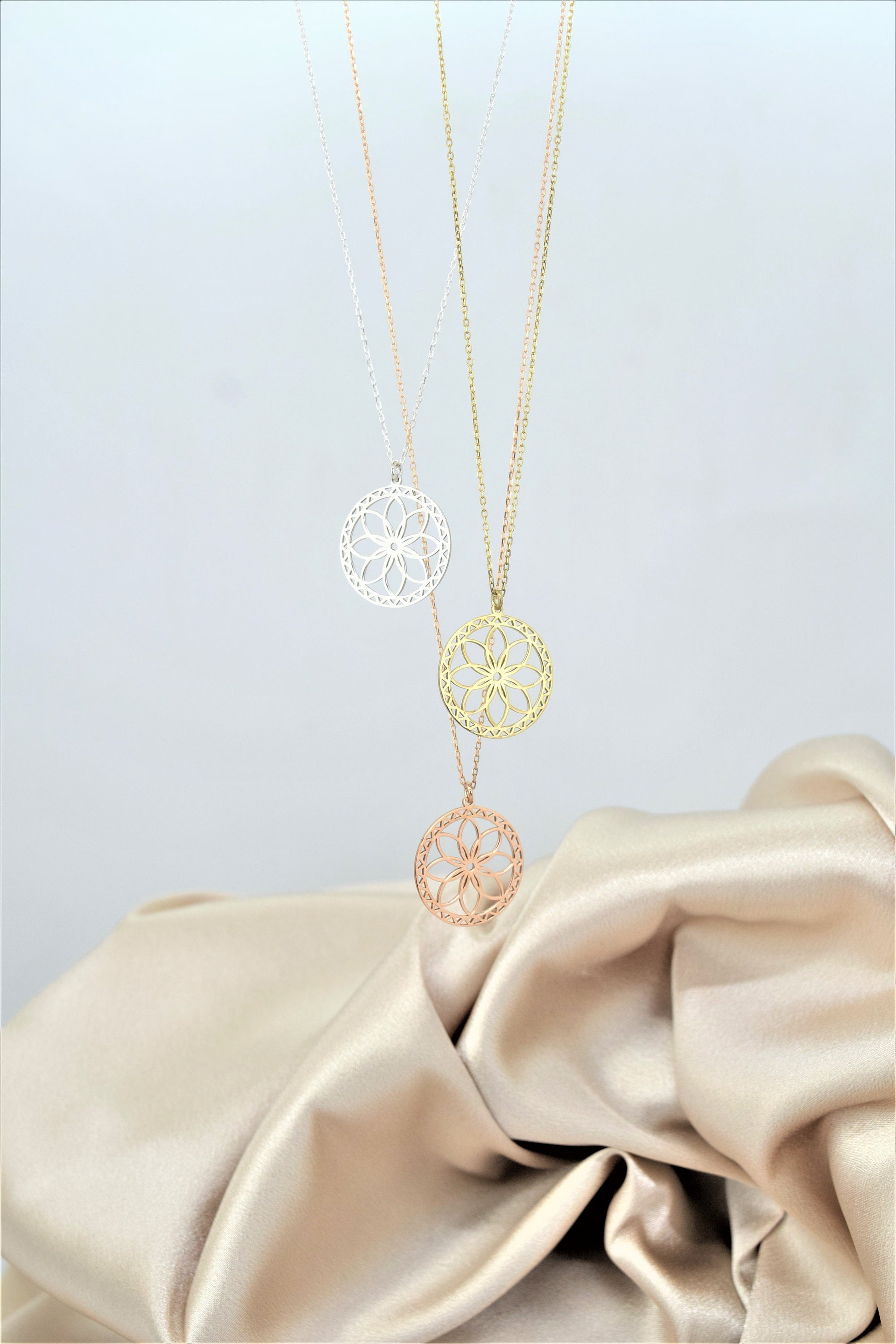 Mandala Necklace Gold • Sacred Geometry Flower Seed of Life Jewelry • Spiritual Yoga Necklace Sterling Silver, Rose, Gold - silvergoldandrose