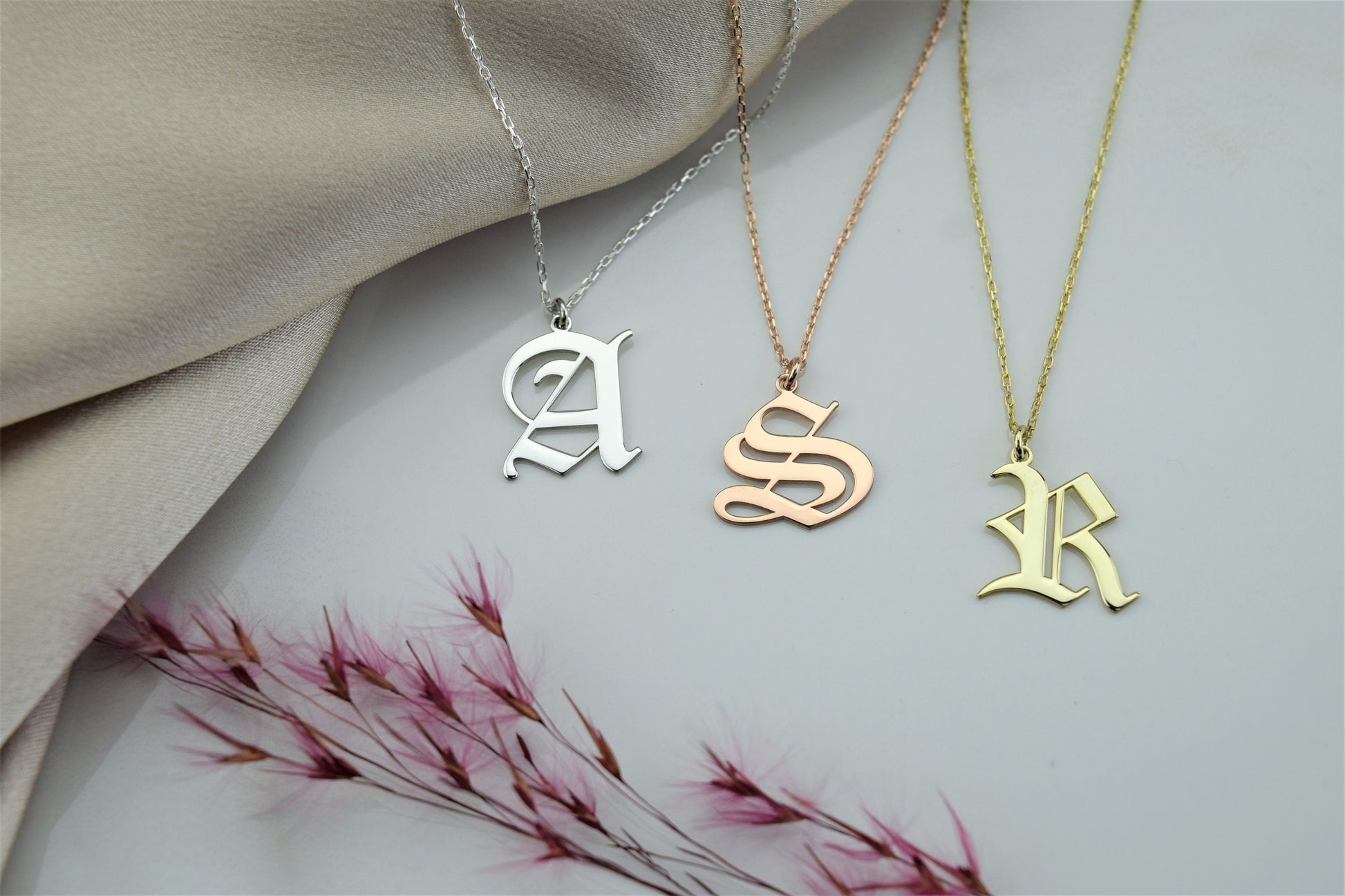 Dainty Old English Initial Necklace • Personalized Letter Necklace • Gothic Style Necklace for Her • Custom Old English Necklace - silvergoldandrose