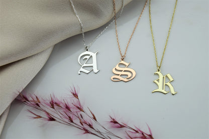 Solid Gold Old English Initial Necklace – Dainty Handmade Letter Pendant in Gold