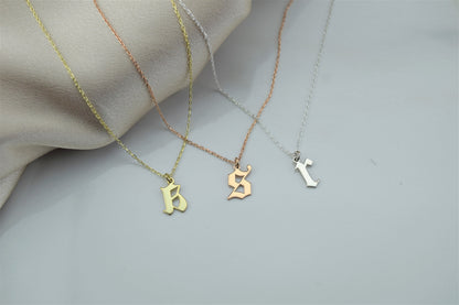 Solid Gold Old English Initial Necklace – Dainty Handmade Letter Pendant in Gold