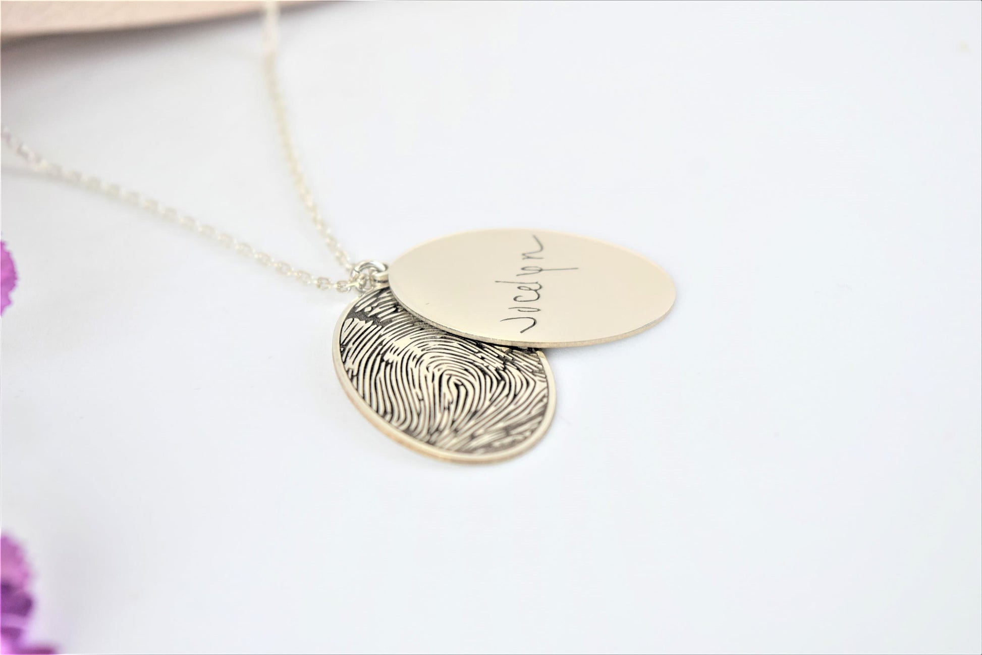Personalized Actual Fingerprint and Handwriting Necklace • Custom Oval Memorial Necklace • Keepsake Necklace in Sterling Silver, Gold, Rose - silvergoldandrose