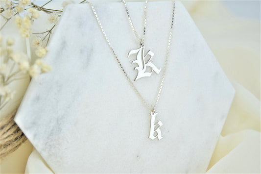Sterling Silver Mens Necklace, Initial Necklace, Box Chain Old English Letter Jewelry Personalized • Gothic Style Custom Necklace - silvergoldandrose