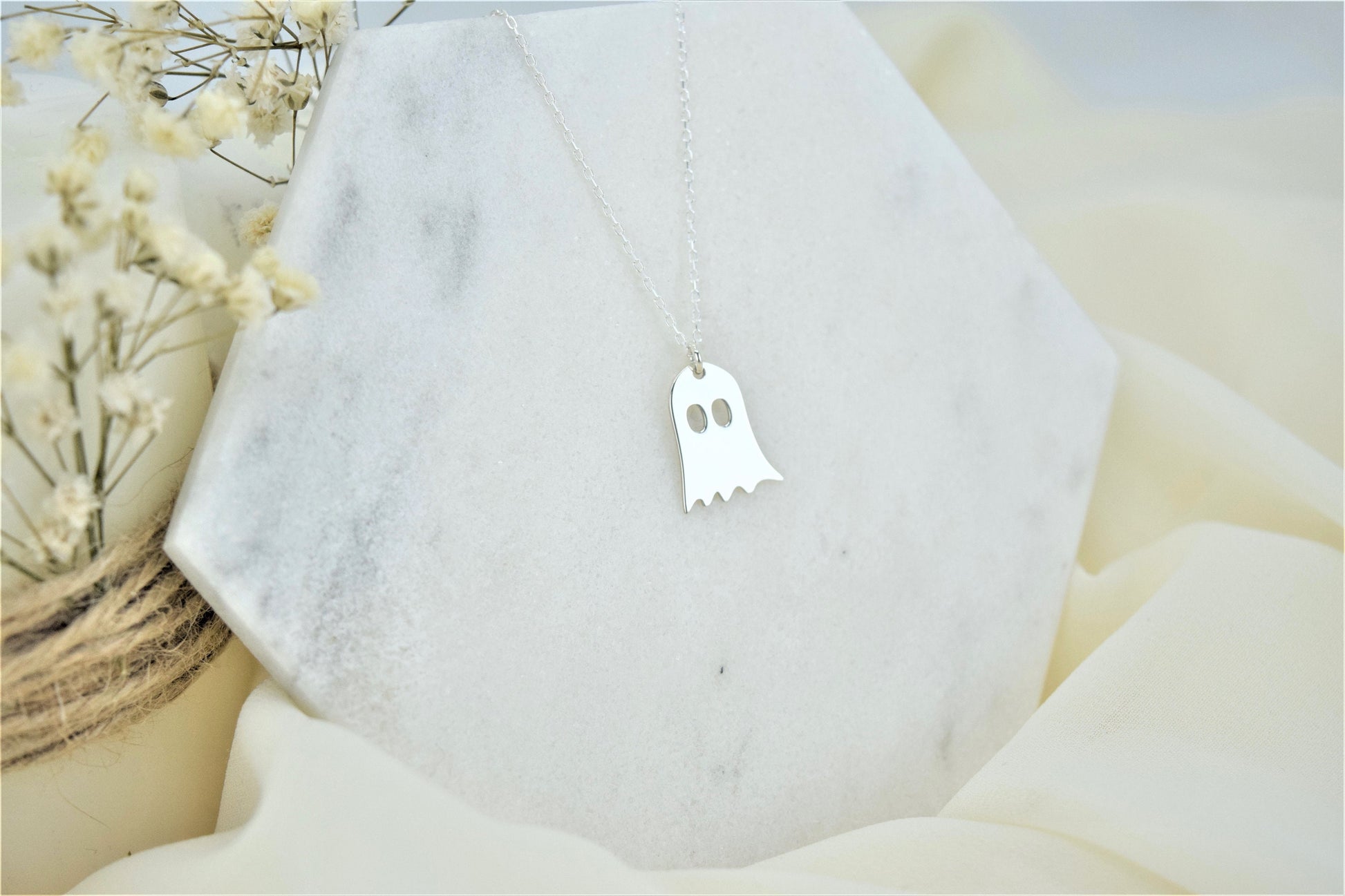 14K Solid (Real) Gold Tiny Ghost Necklace, Spooky Cute Boo Emoji • Halloween Gifts for Her and Him - silvergoldandrose
