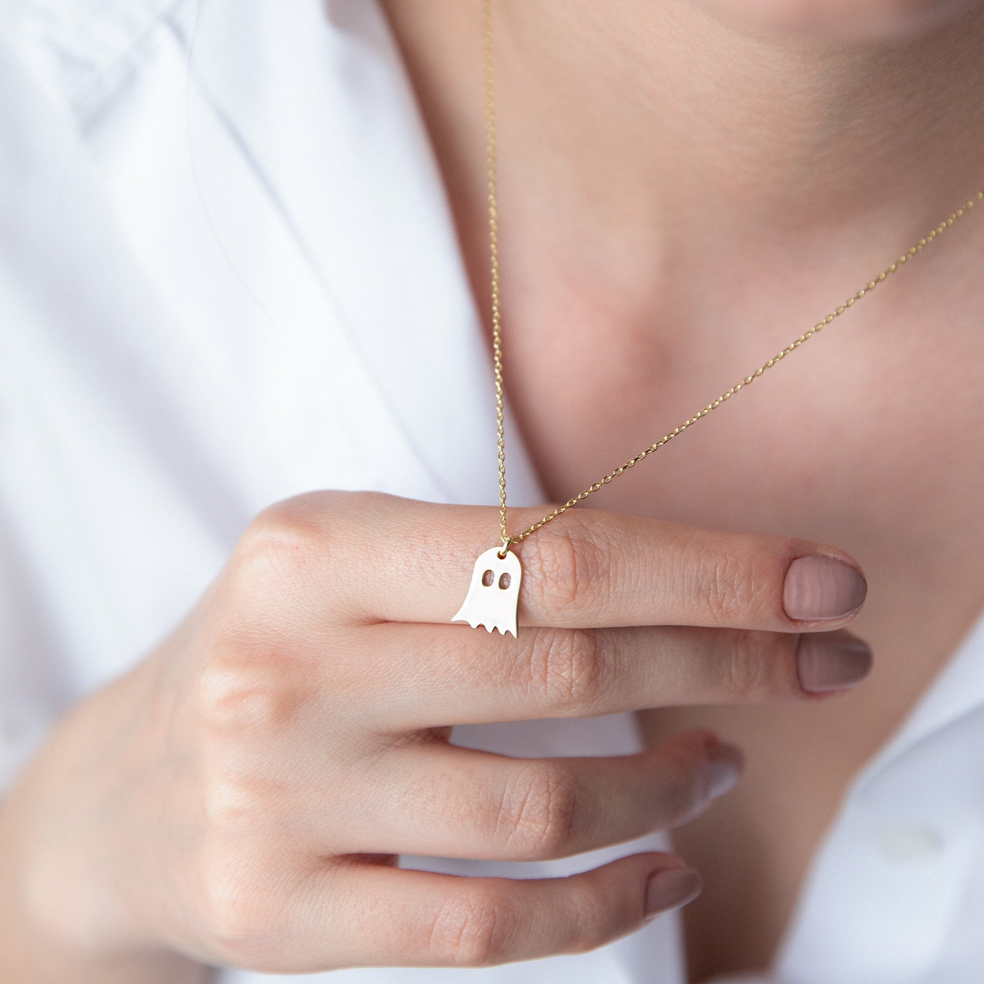 14K Solid (Real) Gold Tiny Ghost Necklace, Spooky Cute Boo Emoji • Halloween Gifts for Her and Him - silvergoldandrose