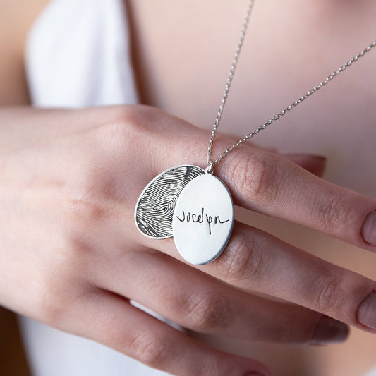 Personalized Actual Fingerprint and Handwriting Necklace • Custom Oval Memorial Necklace • Keepsake Necklace in Sterling Silver, Gold, Rose - silvergoldandrose