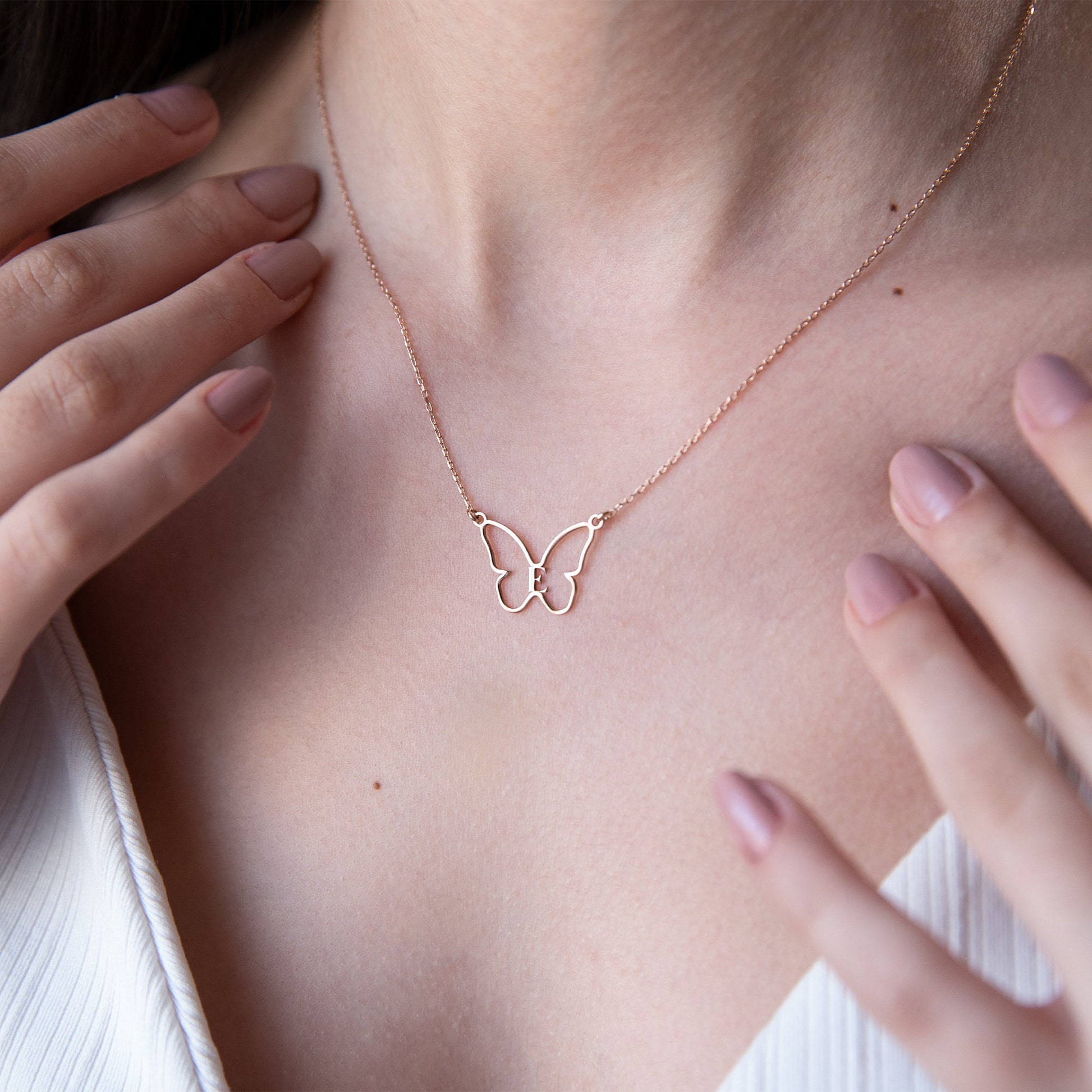 Personalized Butterfly Necklace • Initial Handmade Butterfly Jewelry with Birthstone • Silver, Gold, Rose Gold - silvergoldandrose